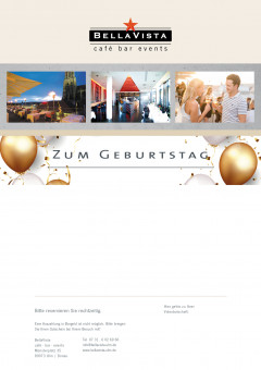 wertiger, passend zum Geburtstag verzierter Gutschein mit BellaVista Logo, 3 schönen Bildern, Platz für Widmung , Impressum. Text Zum Geburtstag