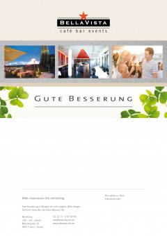wertiger, mit Pflanzen verzierter Gutschein mit BellaVista Logo, 3 schönen Bildern, Platz für Widmung , Impressum. Text Gute Besserung